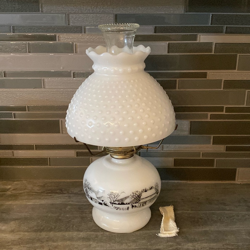 Vintage Currier & Ives Hobnail Milk Glass Oil Lamp